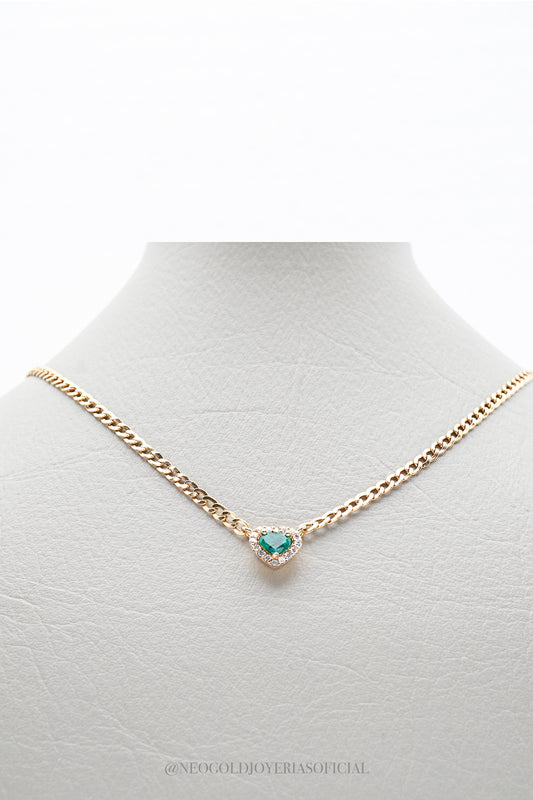 CADENA CUBANA, 45cm, OA 18K CON CORAZON ESMERALDA Y DIAMANTES NATURALES REF 009563